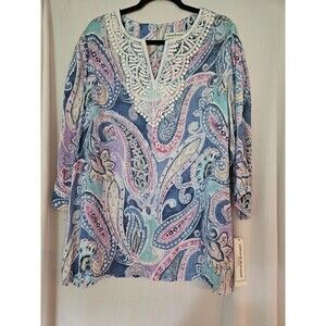 Alfred‎ Dunner Blue/Pink Paisley Tunic Size Large 3/4 sleeve, Lace Embellishment